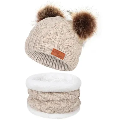 Купить Вязаная шапка для девочек и мальчиков, теплая детская зимняя вязаная  шапка с меховым шариком, детские шапки, шапки, шарф | Joom
