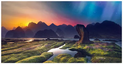 Фото Красивый пейзаж с заходящим солнцем и птицами над горами, by Ellysiumn  Art