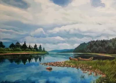 Пейзаж. Картина с лодкой. Красивый уральский пейзаж. Река Вишера – заказать  на Ярмарке Мастеров – O07UORU | Картины, Россошь