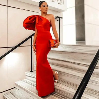 Элегантное Длинное Красное Вечернее платье POMUSE на одно плечо,  плиссированное платье-русалка, женское платье до пола для выпускного вечера  | AliExpress