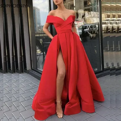 Красное длинное вечернее платье с V-образным вырезом и высоким разрезом,  атласное официальное платье с карманами, бальное платье | AliExpress