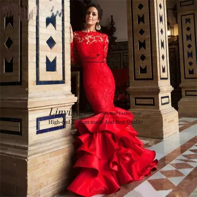 Женское вечернее платье с юбкой-годе, красное кружевное платье с  аппликацией и открытой спиной, длинное платье для выпускного вечера |  AliExpress