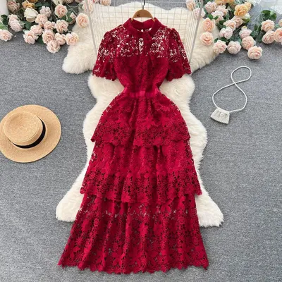 Купить Летнее светлое спелое стильное красное темпераментное кружевное  платье трапециевидной формы с короткими рукавами и оборками | Joom