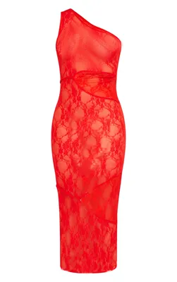 PrettyLittleThing Красное прозрачное кружевное платье мидакси на одно плечо  с несколькими вырезами – купить из-за границы через сервис «CDEK.Shopping»