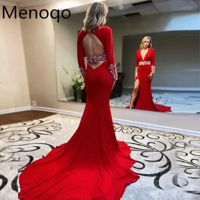 Женское вечернее платье со шлейфом, элегантное красное платье с бисером,  платье для выпускного вечера с глубоким V-образным вырезом и Боковым  Разрезом, длинными рукавами | AliExpress