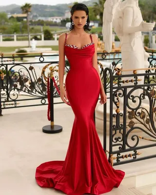 Женское атласное платье-Русалка, красное платье со шлейфом, со стразами,  для гостей свадьбы и выпускного вечера, 2022 | AliExpress