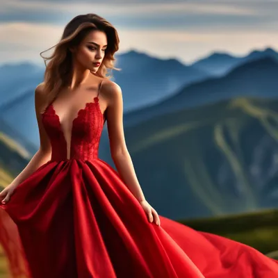 Красное платье с лямками бандо с разрезом на ноге и шлейфом
