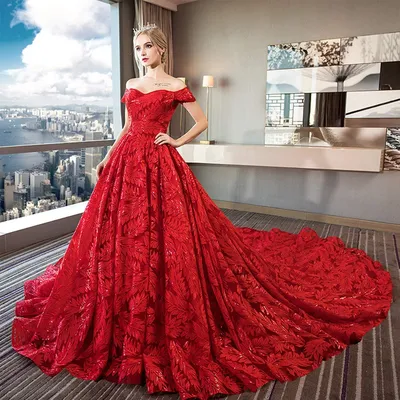 Ярко-красное платье для выпускного а-силуэта с блестками со шлейфом и  открытыми плечами | AliExpress