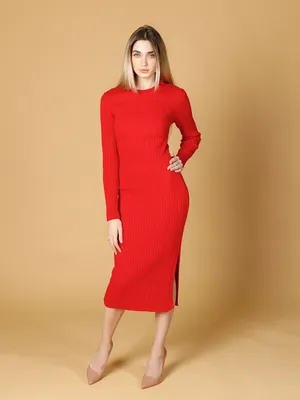 Купить Трикотажное платье миди с разрезом красное в интернет магазине  Knitman