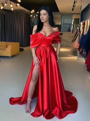 Простые красные атласные длинные вечерние платья 2023 женские платья с  разрезом сбоку и открытыми плечами со складками для выпускного вечера  Вечернее платье бальное платье | AliExpress