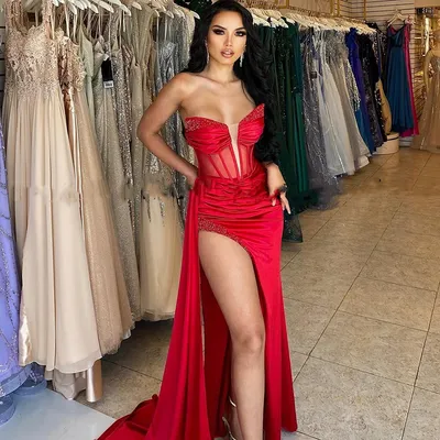 Соблазнительные Красные атласные платья для выпускного вечера, вечернее  платье с высоким разрезом и открытыми плечами, официальное коктейльное  платье, юбка-годе | AliExpress