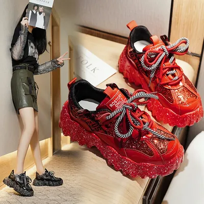 Женские кроссовки блестящие красные кроссовки на платформе массивные  кроссовки на шнуровке Дизайнерские кроссовки для папы женские кроссовки  размер 35-40 | AliExpress