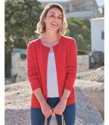 Scarlet Red | Cashmere Merino Crew Neck Cardigan | WoolOvers US