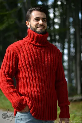 Merino blend mens T-neck ribbed sweater in red/TM33