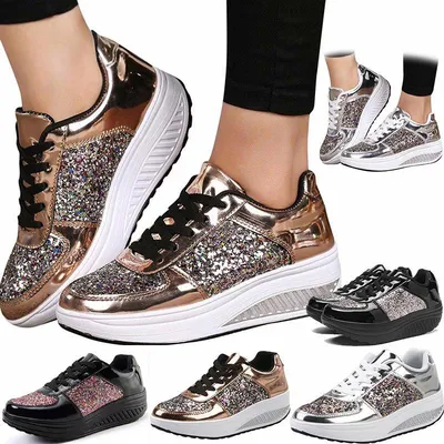 Купить Женские кроссовки на танкетке с блестками, модная спортивная обувь  для девочек | Joom
