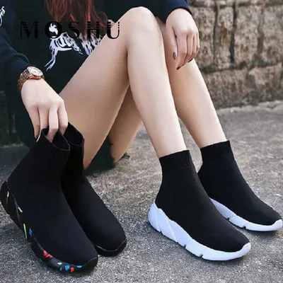 Кроссовки-носки женские, вязаные, на платформе, Вулканизированная подошва,  без шнуровки, стрейчевая обувь, черные, 2023 | AliExpress