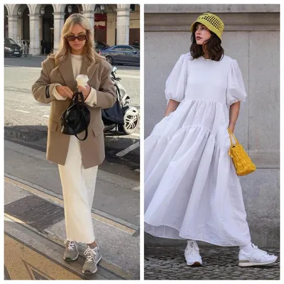 Модный лук: серое платье с плиссированной юбкой, белые низкие кеды из  плотной ткани, белый кожаный рюкзак | Лукастик