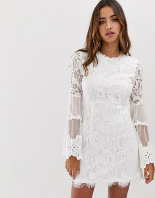 Белое кружевное платье мини с рукавами-колокол Forever У-Белый  Арт.CL000029591387 - цена 5590 руб., в наличии в интернет-магазине |  Clouty.ru