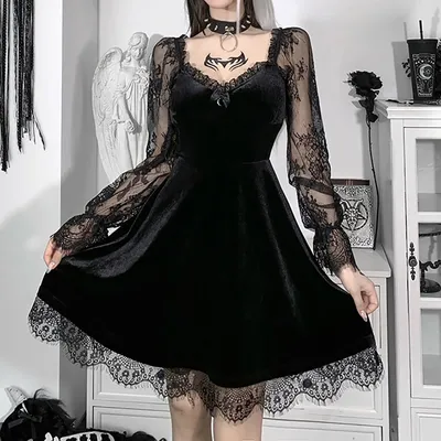 uublik Women Gothic Dress Long Sleeve Hollow Out Lace Patchwork Punk  Evening Dress - Walmart.com