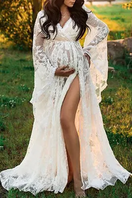 White Lace See-through Thigh-high Slit Maternity Photoshoot Dress – Glamix  Maternity