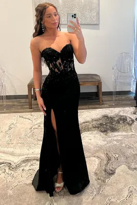 Amaya Black Sheath Sweetheart Long Satin Lace Appliques Prom Dress with  Slit | KissProm