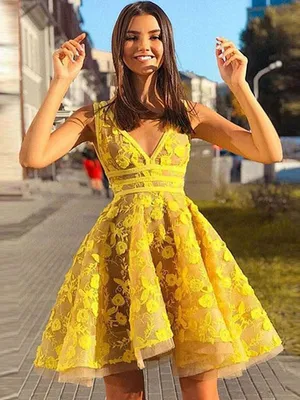 Yellow V Neck Tulle Lace Short Prom Dress Yellow Homecoming Dress – shopluu