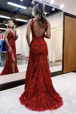 Avianna Red Mermaid V Neck Backless Sequined Lace Prom Dress with Slit |  KissProm