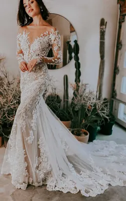 Sheer Floral Lace Wedding Dress with Long Sleeves - Essense of Australia  Wedding Dresses