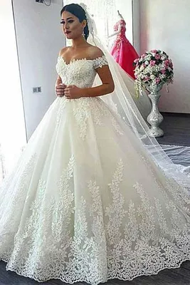 Off-the-shoulder Neckline Ball Gown Wedding Dress With Lace Appliques –  Pgmdress