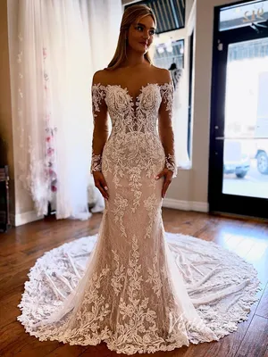 Long Sleeve Modern Lace Mermaid Wedding Dress with Long Train VW2117 –  Viniodress