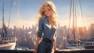Обои на рабочий стол Девушка в голубой рубашке и джинсах стоящая на причале  на фоне яхт и города, обои для рабочего стола, скачать обои, обои бесплатно
