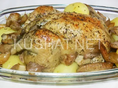 Курица с картошкой и грибами в духовке - пошаговый рецепт с фото на Готовим  дома