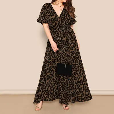 Женское леопардовое платье-макси с высокой талией, с коротким рукавом и  рюшами | AliExpress