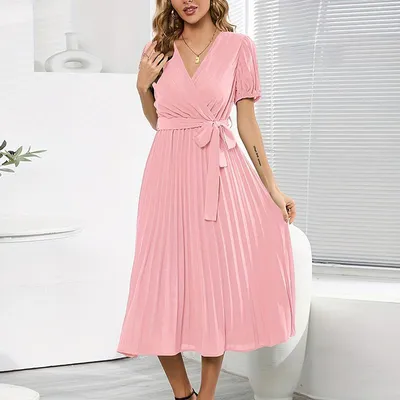 Купить Женское элегантное летнее офисное плиссированное платье с коротким  рукавом и V-образным вырезом, сплошной цвет с поясом | Joom