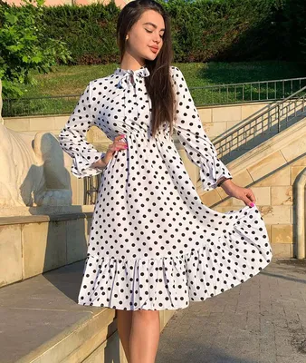 Легкое женское летнее платье с длинным рукавом, белое женское платье в  черный горошек (ID#1578053233), цена: 639 ₴, купить на Prom.ua