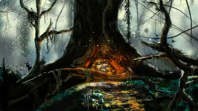 Старое дерево с лианами в темном лесу - обои на телефон