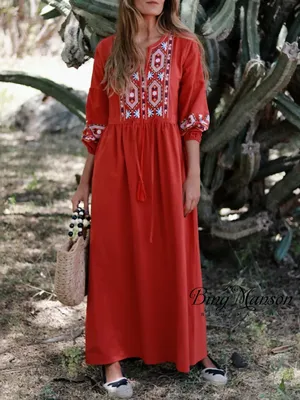 Женское платье в стиле бохо, хлопково-льняное платье для отпуска с  вышивкой, а-образным вырезом и красными рюшами на завязках, весна-лето 2022  | AliExpress