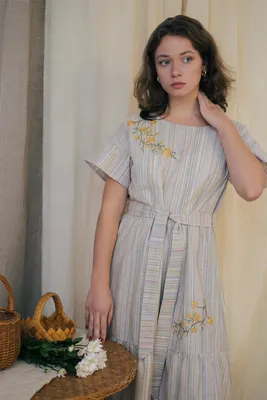 Бохо платье из льна с вышивкой цветков сакуры купить на сайте фабрики  Ришелье