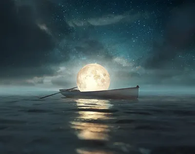 Фото Полная луна в лодке на воде, by Lasse Behnke
