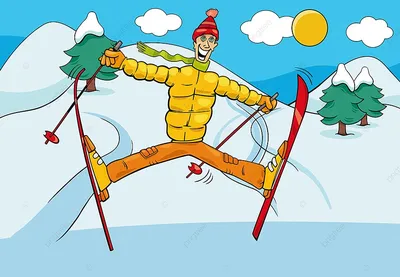 мультяшные иллюстрации смешного человека катающегося на лыжах зимой, клип,  из, персонаж фон картинки и Фото для бесплатной загрузки