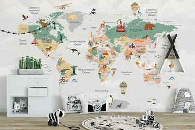 Обои «Детская карта мира с достопримечательностями и животными - 3». Обои  на заказ - печать бесшовных дизайнерских обоев для стен по своему рисунку