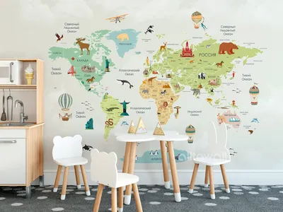 Детская карта мира с достопримечательностями и животными-2. Обои на заказ -  печать бесшовных дизайнерских обоев для стен по своему рисунку