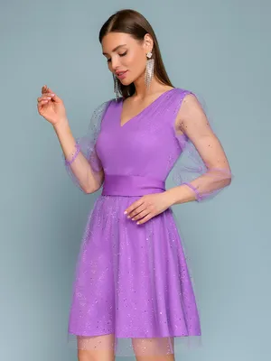 Фиолетовое фатиновое платье с набивными бусами на лифе