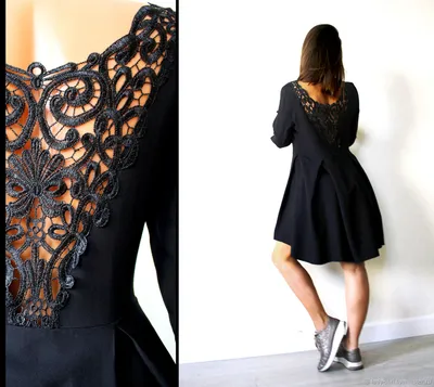 Женская одежда оптом Montella | Короткое чёрное платье с пышными рукавами и  кружевом № 282