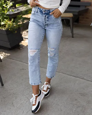 Premium Denim High Waisted Mom Jeans in Distressed Light Mid-Wash - Grace  and Lace