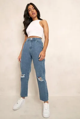 Petite High Waist Distressed Mom Jeans | boohoo