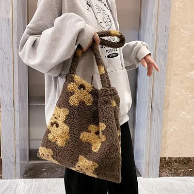 Женская сумка-тоут на плечо из ткани ягненка, холщовые пушистые сумки с  медведем, вместительные мягкие сумки для покупок, милая школьная сумка для  девочек | AliExpress