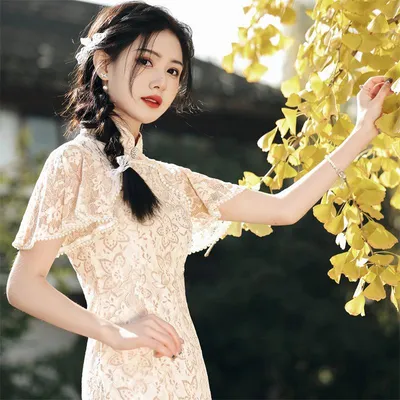 Купить 2023 весна/лето, новый стиль, двухслойное кружевное платье Cheongsam  средней длины с развевающимися рукавами и жемчужным цветком, для молодежи |  Joom