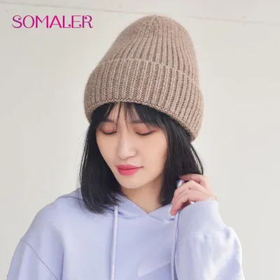 Купить Женские зимние шапки SOMALER из ангольской шерсти, шикарные  однотонные шапки-бини для молодых девушек, шапки с широкими манжетами | Joom