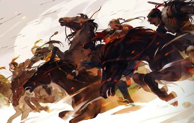 Обои атака, лошади, сражение, стрелы, всадники, art, монголы, Senbonzakura  картинки на рабочий стол, раздел живопись - скачать